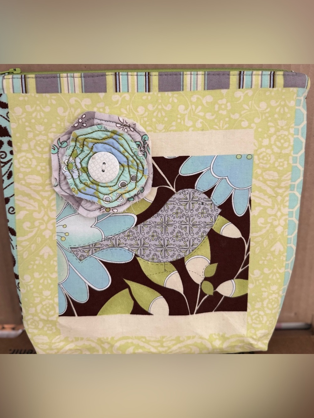 Floral Bird Patchwork Cosmetic Pouch in Aqua, Lime & Brown